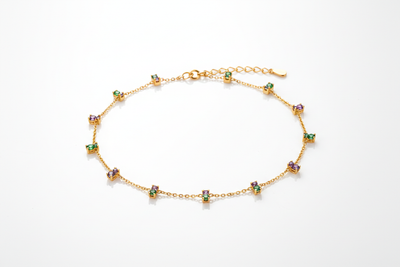 ⭐ 6. Anklets

“Delicate 22K gold anklet with tiny green and purple diamond charms, elegant and modern, high clarity jewelry glow, clean bright WHITE GOLD background, centered perfectly, ultra-trending, unique, high-attraction jewelry icon photo, perfect circle crop composition, 16:9 aspect ratio.”