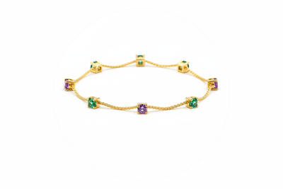 CLOSE-UP of Delicate 22K gold anklet with tiny green and purple diamond charms, elegant and modern, high clarity jewelry glow, clean bright background, centered perfectly, ultra-trending, unique, high-attraction jewelry icon photo, perfect circle crop composition, 16:9 aspect ratio.”

