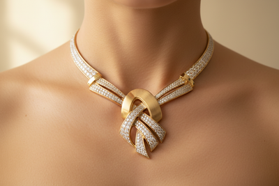 Close-up shot of a human model wearing a statement 22K gold pendant embellished with brilliant diamonds, featuring a fashionable modern designer structure and strong radiant jewelry shine. Ultra-clear focus on the pendant with natural soft skin texture and elegant neckline, set against a soft-gold clean luminous background. Perfectly centered premium composition, hyper-realistic luxury lighting, ultra-trending and uniquely captivating jewelry aesthetic, crisp fine detailing with elegant reflections, high-at