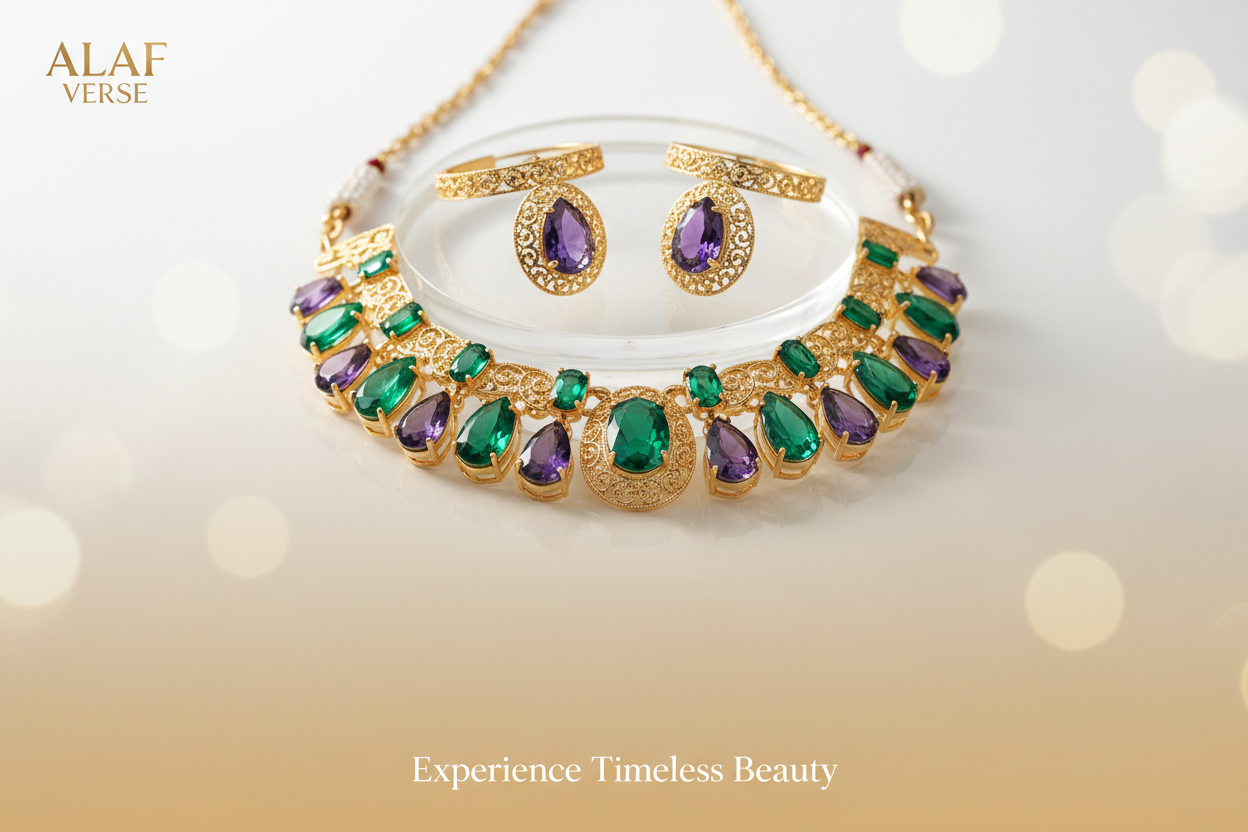 Create a premium vertical hero banner image (9:16 aspect ratio) for ALAF VERSE, an artificial jewelry brand. Feature a luxurious 22K gold-inspired necklace/bracelet/earrings with vibrant green and purple gemstone accents, hyper-realistic details, and elegant reflections. Place the jewelry centered in the frame, with subtle luxury lighting highlighting textures and shine. Leave a clear space slightly below the center for a ‘Shop Now’ button overlay. Use a soft bright minimal background (white, soft-gold, or 