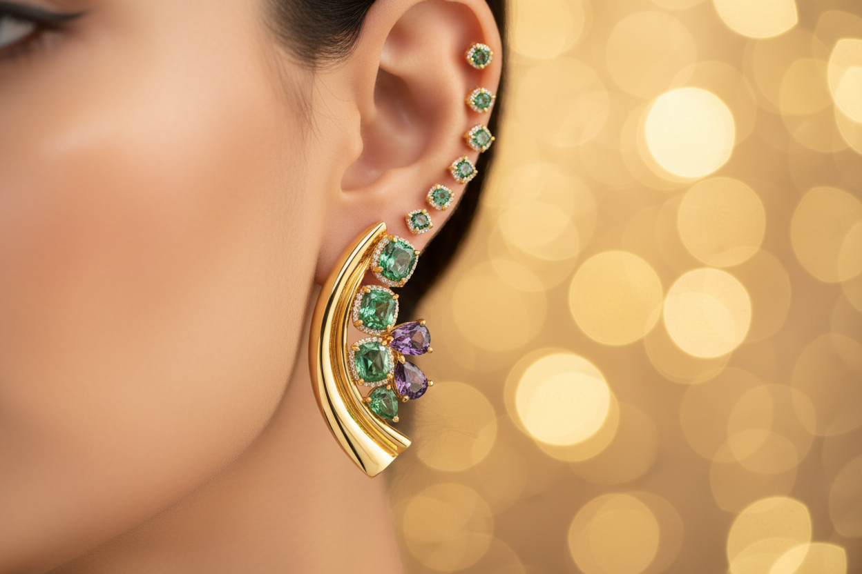 Earrings (Green + Purple Diamonds)

“Close-up shot of a woman’s ear wearing ultra-premium 22K gold earrings with rare green diamonds and deep purple diamonds, modern trending Indian design, luxury shine, soft golden studio lighting, shallow depth, golden bokeh background.”